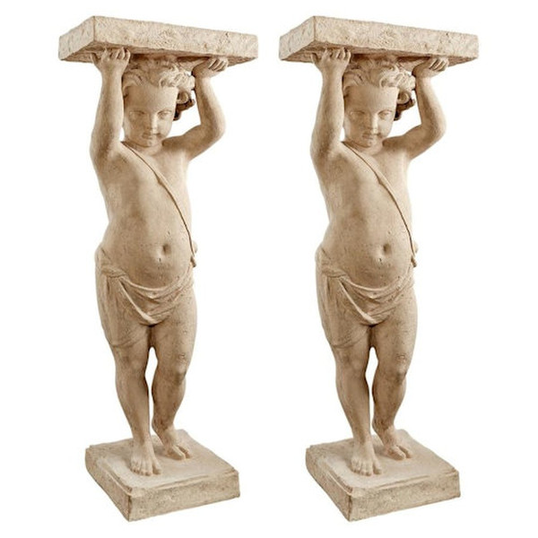 Pair Pedestals Columns Caryatids Boy Full Body Sculpture Set Versailles